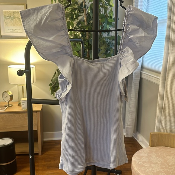 NWT Light Blue Ruffle Sleeve Ribbed Top - Picture 3 of 7